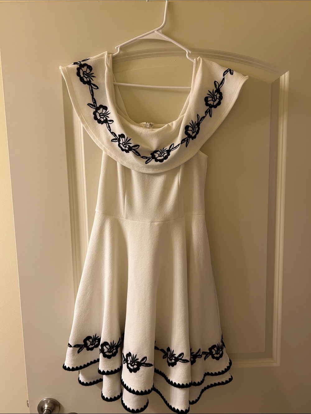 Ivory Mini Dress with Black Floral Embroidery